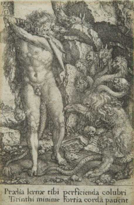 Print by Heinrich Aldegrever: Hercules fighting with the Hydra of Lernea, from The Deeds o, represented by Childs Gallery