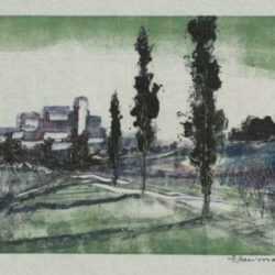 Print by Hellmuth Weissenborn: [Poplars and Cityscape], represented by Childs Gallery