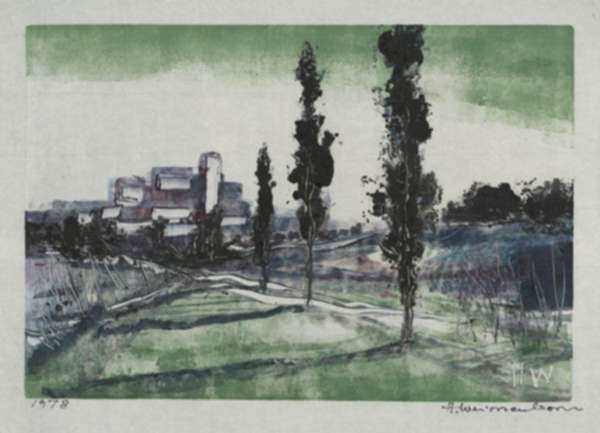 Print by Hellmuth Weissenborn: [Poplars and Cityscape], represented by Childs Gallery