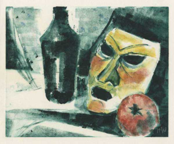 Print by Hellmuth Weissenborn: [Still Life with Bottle, Mask, & Tomato], represented by Childs Gallery