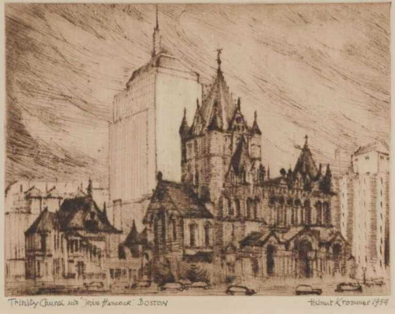 Print by Helmut Krommer: Trinity Church and "John Hancock", Boston, represented by Childs Gallery