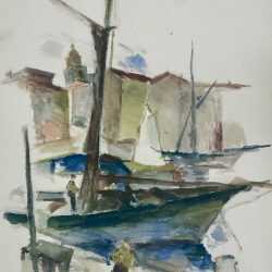 Watercolor by Henry Botkin: Harbor Scene with Sailboats, available at Childs Gallery, Boston