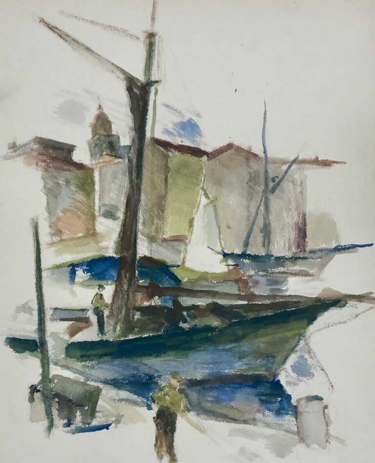 Watercolor by Henry Botkin: Harbor Scene with Sailboats, available at Childs Gallery, Boston