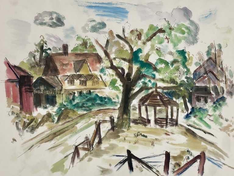 Watercolor by Henry Botkin: Untitled Farmhouse and Gazebo, available at Childs Gallery, Boston