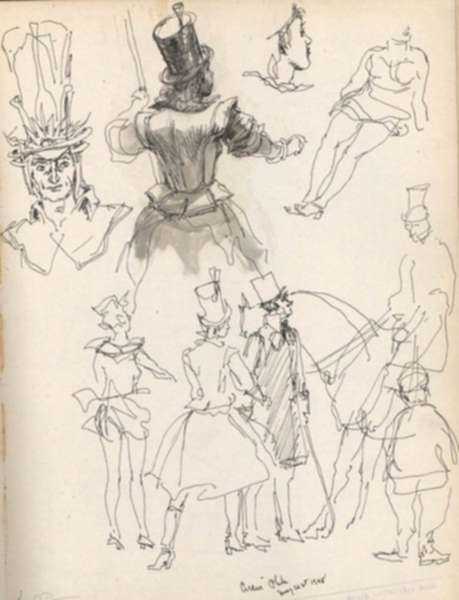 Drawing by Henry C. Pitz: Circus Studies with a Man in a Large Hat, [Philadelphia, Pen, represented by Childs Gallery