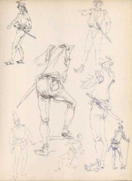 Drawing by Henry C. Pitz: Sketches of Circus Performers with Swords, represented by Childs Gallery