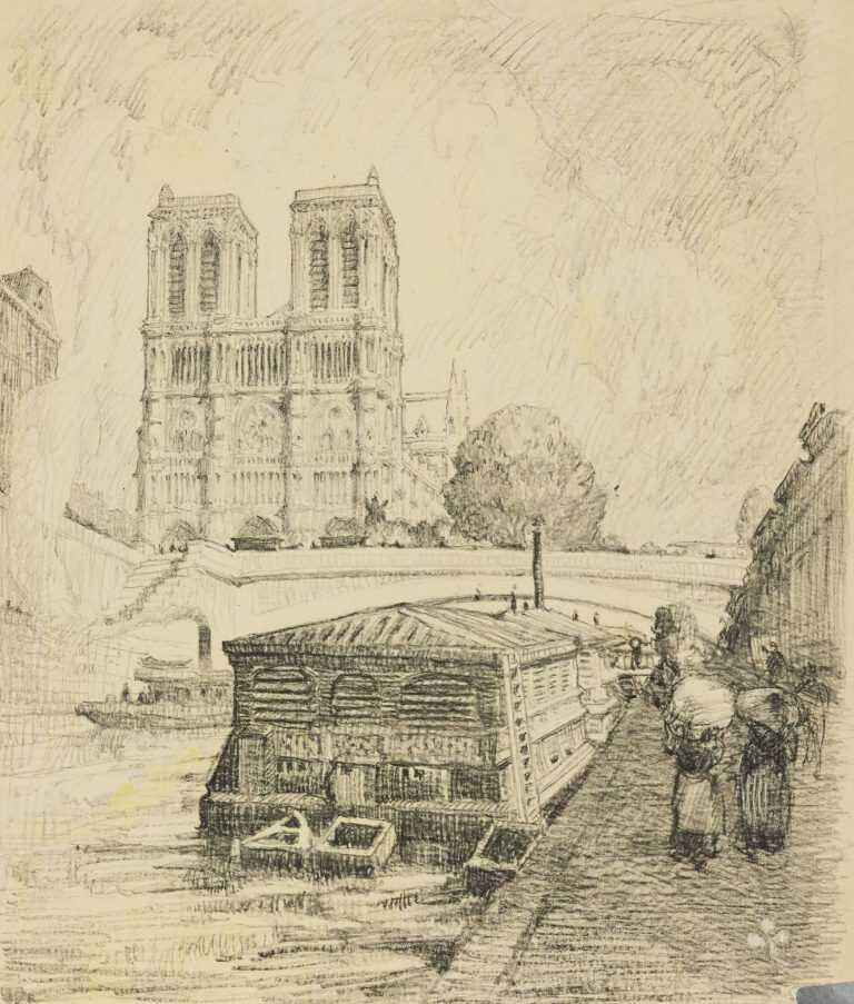Drawing By Henry M. O'connor: [barge On Siene Near Notre Dame, Paris] At Childs Gallery