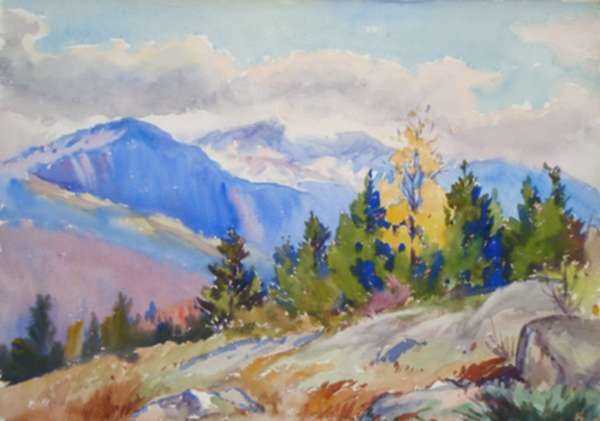 Watercolor by Henry W. Rice: [Landscape with Mountains], represented by Childs Gallery