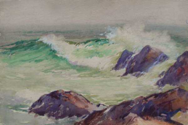 Watercolor by Henry W. Rice: [Misty Sea and Crashing Waves], represented by Childs Gallery