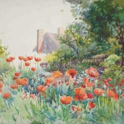 Watercolor by Henry W. Rice: A New England Poppy Field, represented by Childs Gallery
