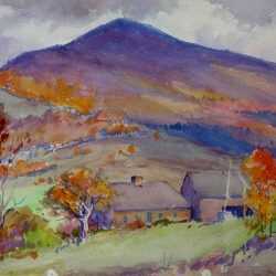 Watercolor By Henry W. Rice: [autumn Landscape With Center Chimney House And Barn, Probably New Hampshire] At Childs Gallery