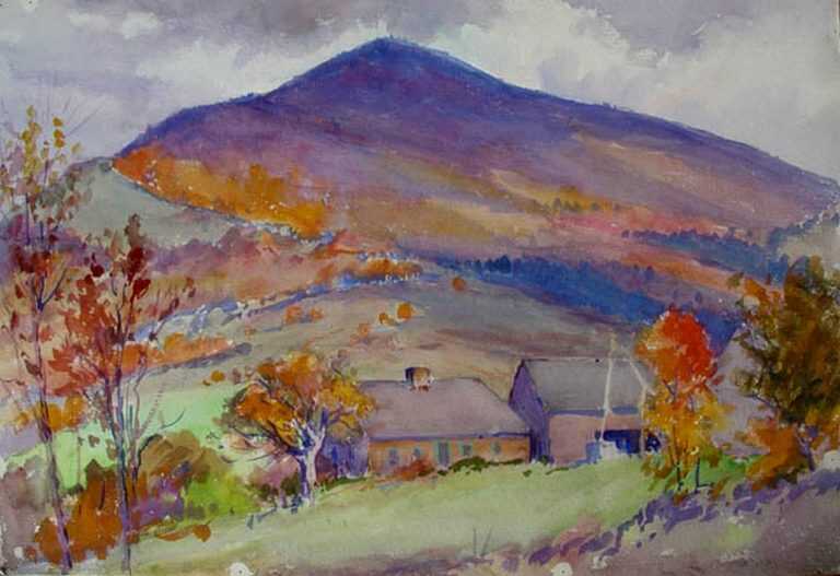 Watercolor By Henry W. Rice: [autumn Landscape With Center Chimney House And Barn, Probably New Hampshire] At Childs Gallery