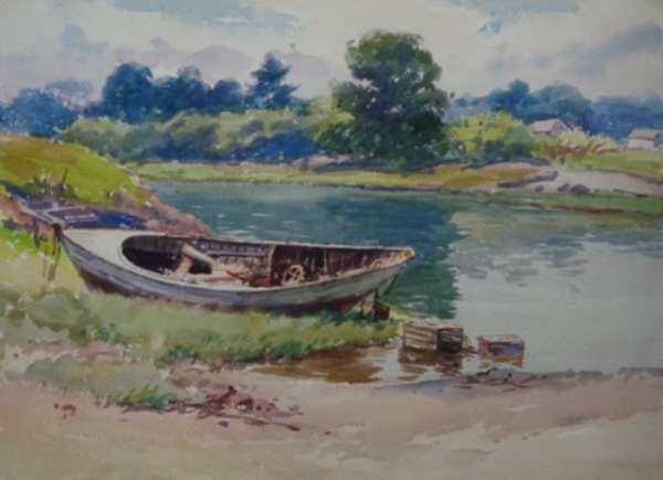Watercolor by Henry W. Rice: Beached Dory, represented by Childs Gallery