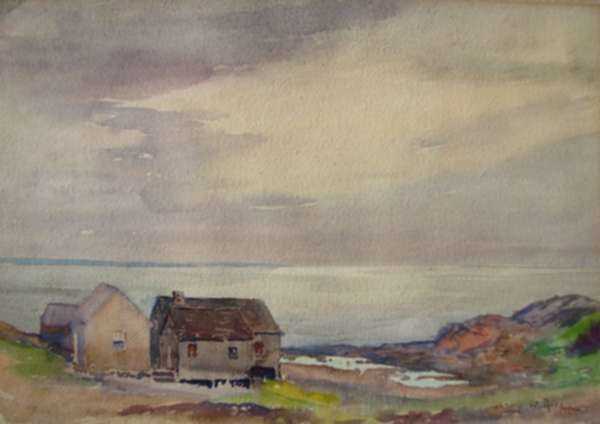 Watercolor by Henry W. Rice: Fisherman's Cottages, Ogunquit [Maine], represented by Childs Gallery