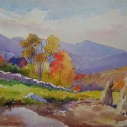 Watercolor By Henry W. Rice: Flaming Autumn At Childs Gallery