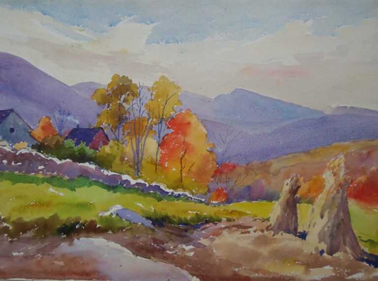 Watercolor By Henry W. Rice: Flaming Autumn At Childs Gallery
