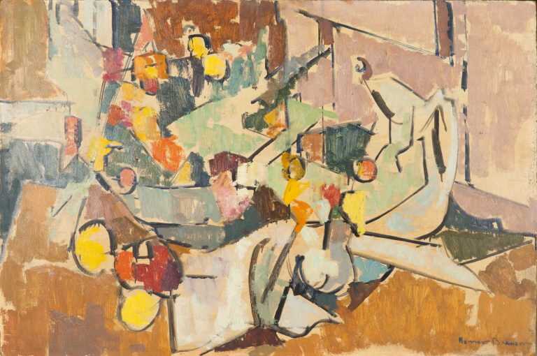 Painting By Herbert Barnett: Abstract Still Life With Pitcher, Bowl Of Flowers, Creamer At Childs Gallery