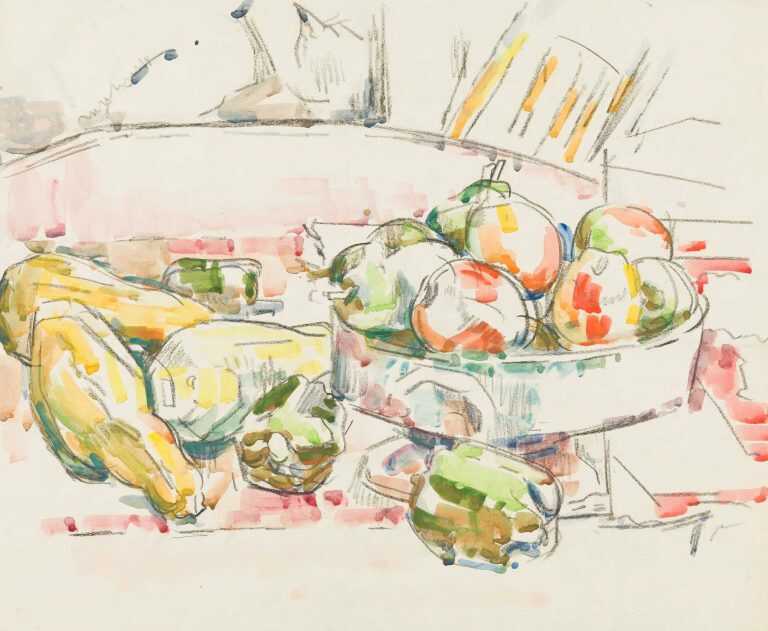 Watercolor By Herbert Barnett: Compote Of Fruit, Summer Squash At Childs Gallery