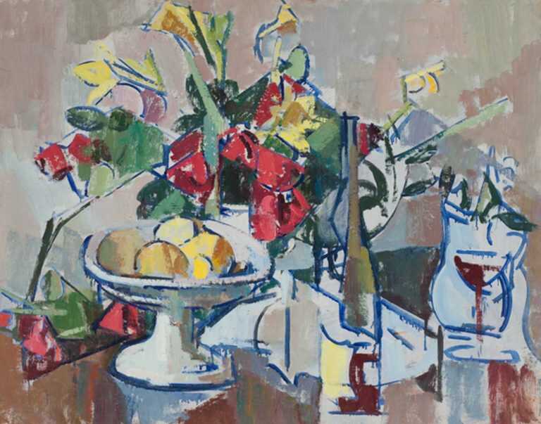 Painting By Herbert Barnett: Compote, Wine Bottle And Bouquet At Childs Gallery