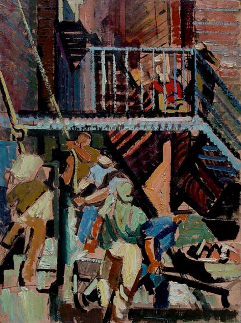 Painting By Herbert Barnett: Construction Workers, Wreckers, Worcester (massachusetts) At Childs Gallery