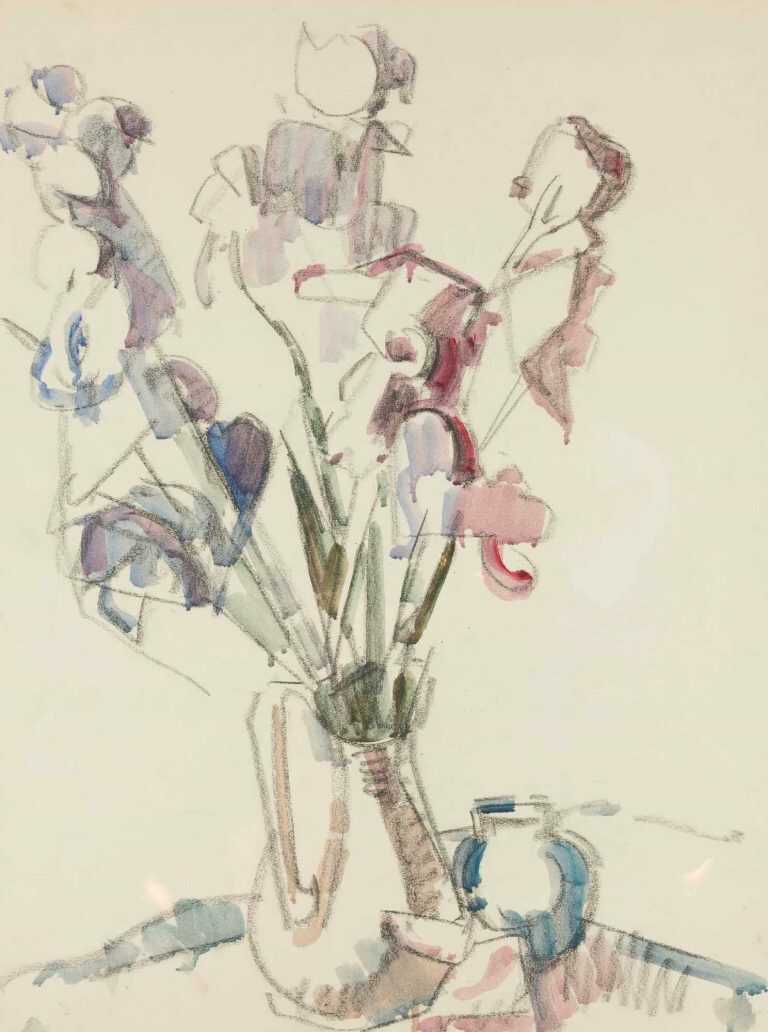 Watercolor By Herbert Barnett: Irises In A Pitcher At Childs Gallery