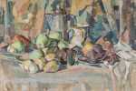 Painting By Herbert Barnett: Still Life: Coffee Pot, Pitchers, Pears, Eggplant And Drapery At Childs Gallery