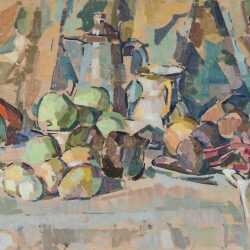 Painting By Herbert Barnett: Still Life: Coffee Pot, Pitchers, Pears, Eggplant And Drapery At Childs Gallery