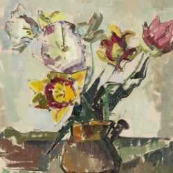 Painting By Herbert Barnett: Still Life With Tulips In Brown Jug At Childs Gallery