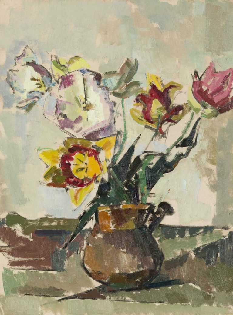Painting By Herbert Barnett: Still Life With Tulips In Brown Jug At Childs Gallery