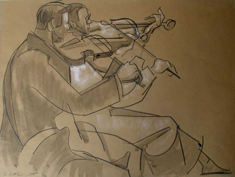 Drawing By Herbert Barnett: Violin Tandem At Childs Gallery