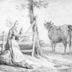 Print by Horace Vernet: Paysanne des environs de Caen gardant les vaches, represented by Childs Gallery