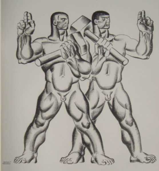 Print by Hugo Gellert: Primary Accumulation [Two Nude Men, One is holding an Axe], represented by Childs Gallery
