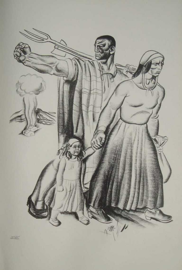Print By Hugo Gellert: Primary Accumulation, The Expropriation Whereby The Countryfolk Were Divorced From The Land [a Family, With Husband Pointing Into The Distance] At Childs Gallery