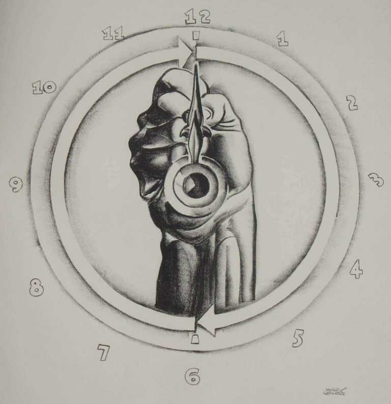 Print by Hugo Gellert: Rate of Surplus Value [Clock with Hand], represented by Childs Gallery
