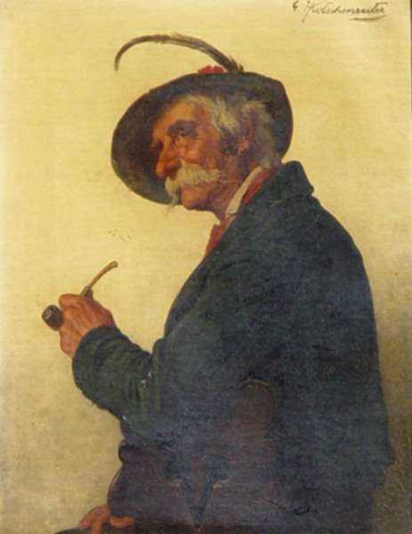 Painting by Hugo Kotschenreiter: Tyrolean Peasant Smoking A Pipe, represented by Childs Gallery