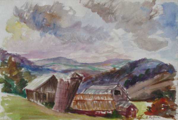 Watercolor by Irwin D. Hoffman: Barn and Sky [Vermont], represented by Childs Gallery