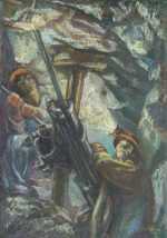 Painting by Irwin D. Hoffman: Drilling in Ore [Noranda Mine, Quebec], represented by Childs Gallery