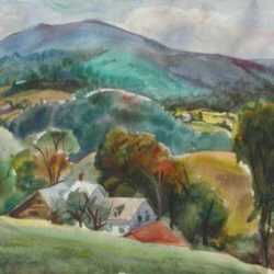Watercolor by Irwin D. Hoffman: House and Mountain Landscape [Vermont], represented by Childs Gallery