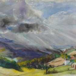 Watercolor by Irwin D. Hoffman: Vermont Sky [Mt. Ascutney, Cavendish], represented by Childs Gallery