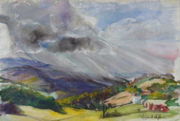 Watercolor by Irwin D. Hoffman: Vermont Sky [Mt. Ascutney, Cavendish], represented by Childs Gallery