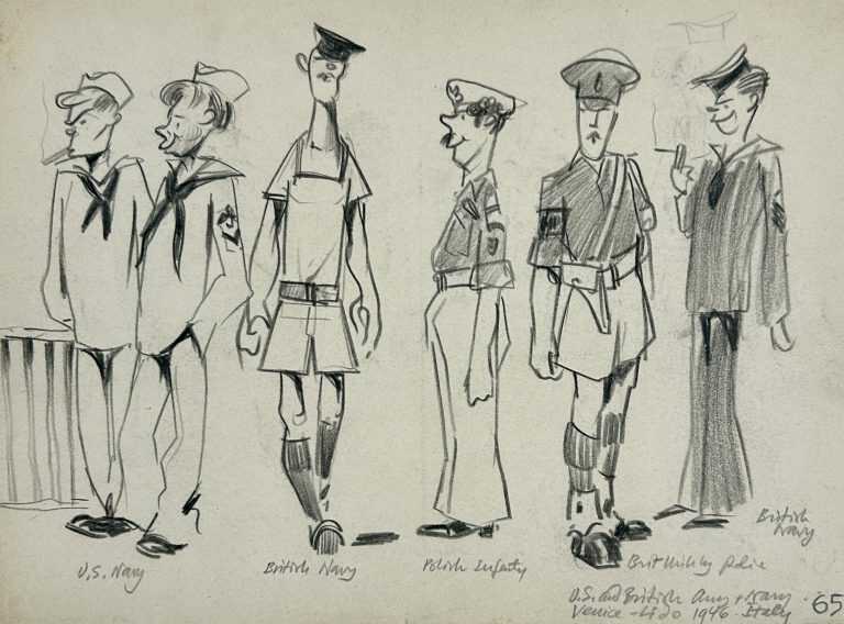 Drawing by Jacek von Henneberg: U.S. and British Army and Navy Types, available at Childs Gallery, Boston