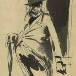 Drawing by Jacek von Henneberg: Man with Umbrella, London, represented by Childs Gallery