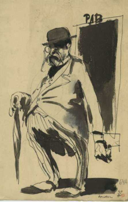 Drawing by Jacek von Henneberg: Man with Umbrella, London, represented by Childs Gallery