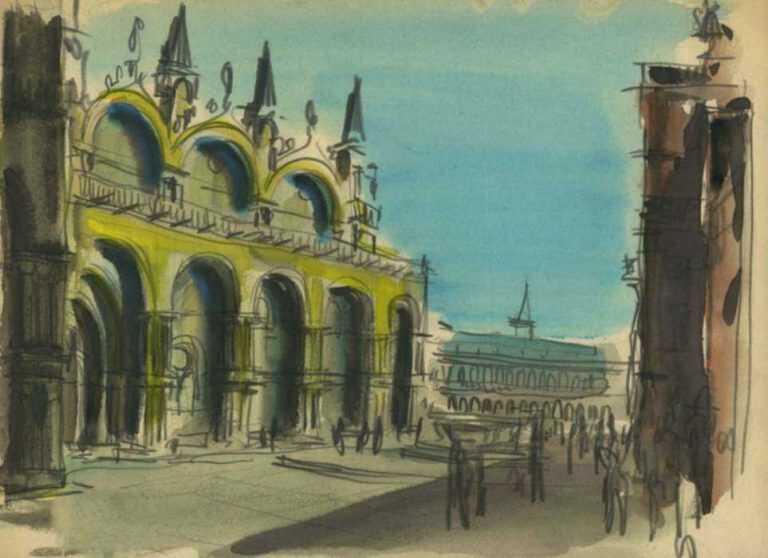 Watercolor by Jacek von Henneberg: Piazza San Marco, Venice, represented by Childs Gallery