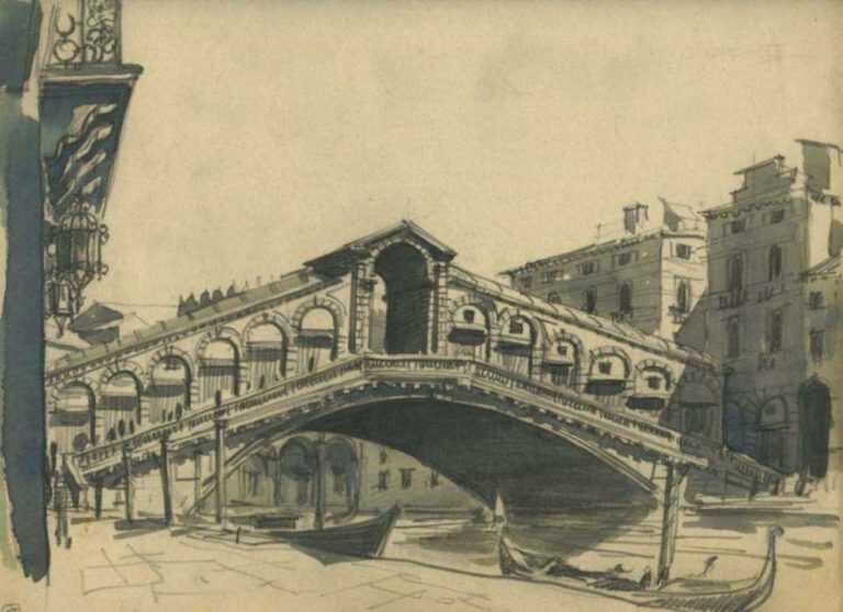 Drawing by Jacek von Henneberg: Ponte Rialto, Venice, represented by Childs Gallery