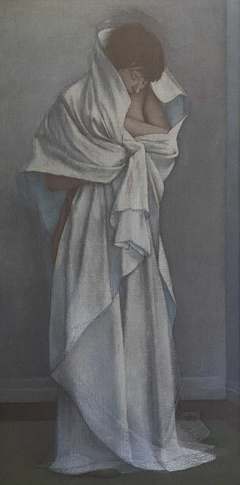 Painting by Jack Henderson: Standing Studio Model with White Drape, available at Childs Gallery, Boston