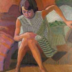 Painting by Jack Kramer: Girl in Striped Dress, represented by Childs Gallery