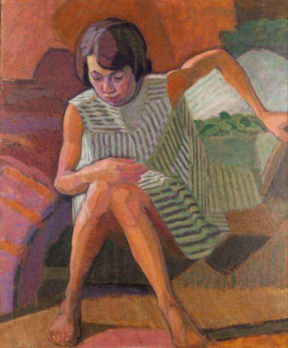 Painting by Jack Kramer: Girl in Striped Dress, represented by Childs Gallery