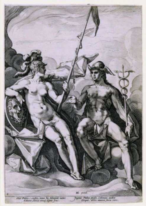 Print by Jacob Matham: The Alliance of Athena and Mercury, [After Hendrick Goltzius, represented by Childs Gallery