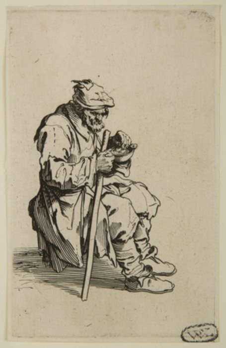 Print by Jacques Callot: Le Gueux Assis Et Mangeant (Seated Beggar Eating), represented by Childs Gallery